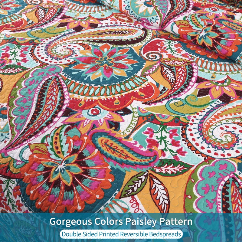 Qucover Cotton Quilt Set, Queen Size, Multicolor Paisley, Boho Style, Soft Lightweight Coverlet with 2 Pillow Shams, 90x98 Inches - Image 5